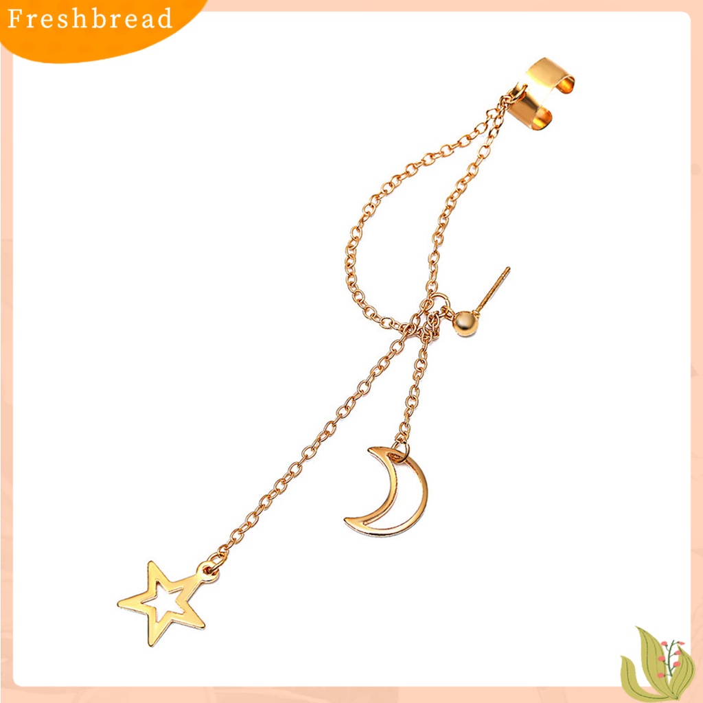 < Freshbread > 1pc Anting Klip Wanita Warna Solid Stainless Gaya Hip Hop Bentuk Bulan Panjang Rumbai Tulang Rawan Earrings Jewelry