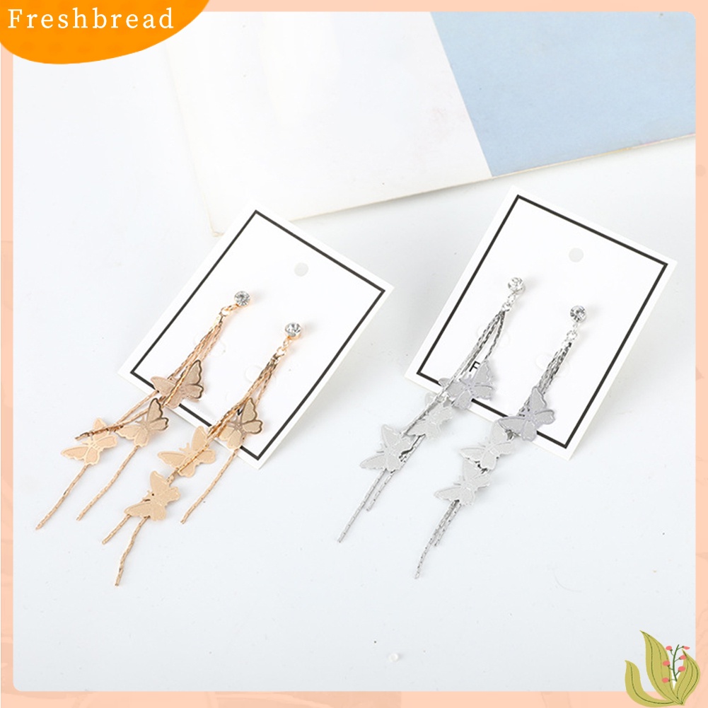 &lt; Freshbread &gt; Fashion Wanita Kupu-Kupu Rumbai Panjang Menjuntai Berlian Imitasi Stud Earrings Jewelry