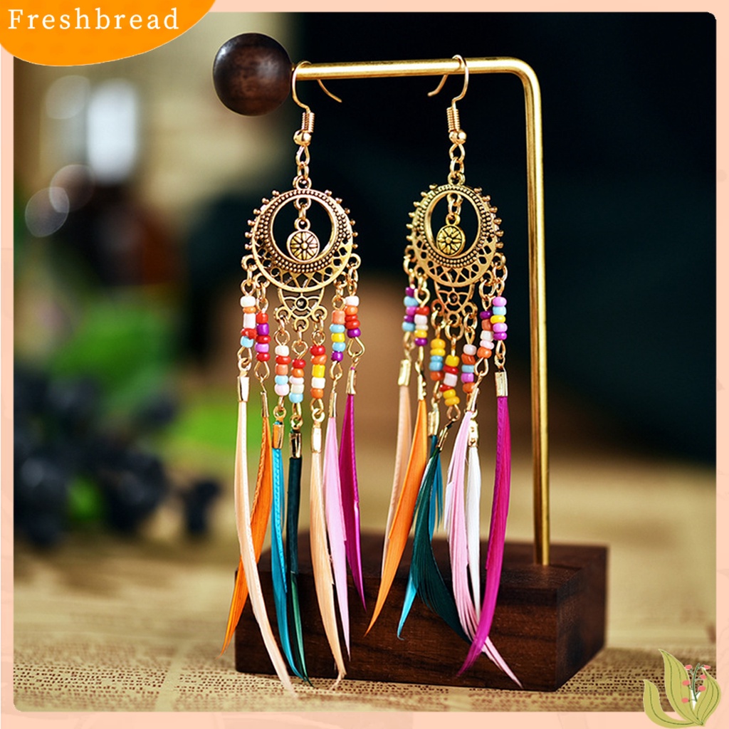 &lt; Freshbread &gt; 1pasang Anting Wanita Berongga Keluar Bulu Manik-Manik Warna-Warni Plating Perhiasan Bohemian Anting Menjuntai Untuk Pesta