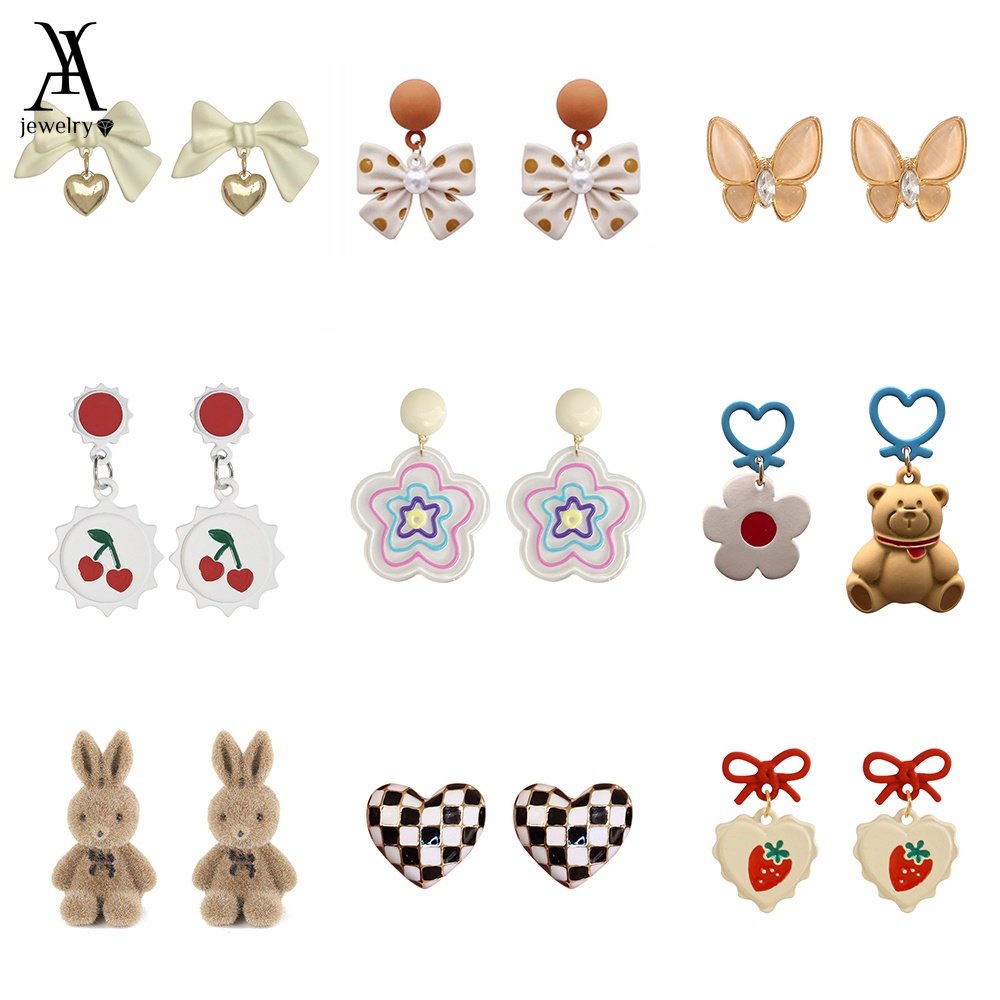 AY(CN) Anting Stud Desain Bunga Cherry Bear Pita Aksen Mutiara Gaya Korea Untuk Wanita