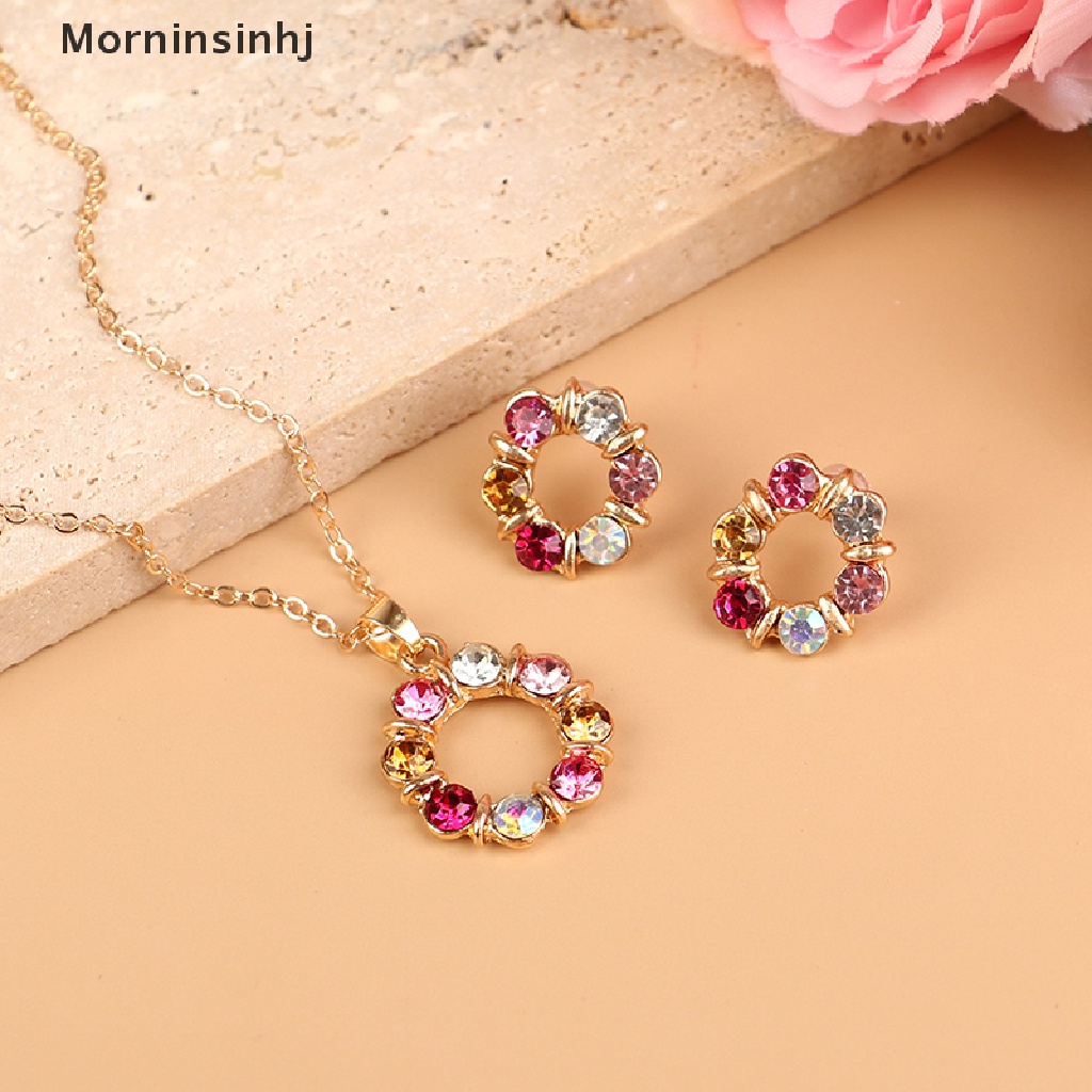 Mornin Set Kalung Anting Kristal Berlian Imitasi Warna-Warni Untuk Wanita Warna Bulat Batu Pernyataan Perhiasan Hadiah Set Dekorasi Pesta id