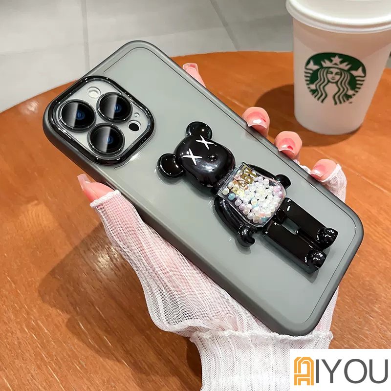 IPHONE Rotatable Violent Bear Lipat Stand Phone Holder Handphone Case Kompatibel Untuk Iphone14 12 13 11 Pro Max Silikon Mewah [Dengan Lensa Film] Transparan Lembut Shockproof Phone Case