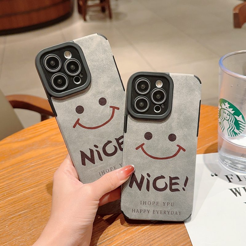 Retro suede Soft Case iP iPhone 7 8 Plus SE 2020 X XR XS Max 11 12 13 14 Pro Max 14 Plus Phone Case Camera Protect Gray Grey Happy Smile Nice