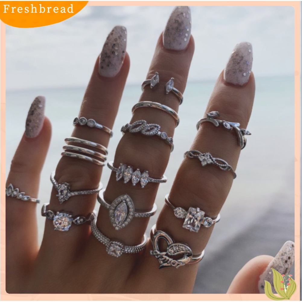 {In Stock} 15Pcs/Set Boho Wanita Berlian Imitasi Daun Hati Geometris Jari Cincin Perhiasan Hadiah