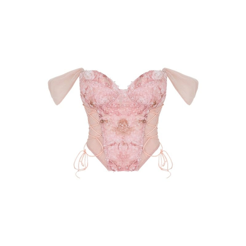 Red Xiaoli Taoyao renda tube top kecil dengan kamisol dan atasan tulang ikan gaya balet Prancis musim panas untuk gadis-gadis seksi