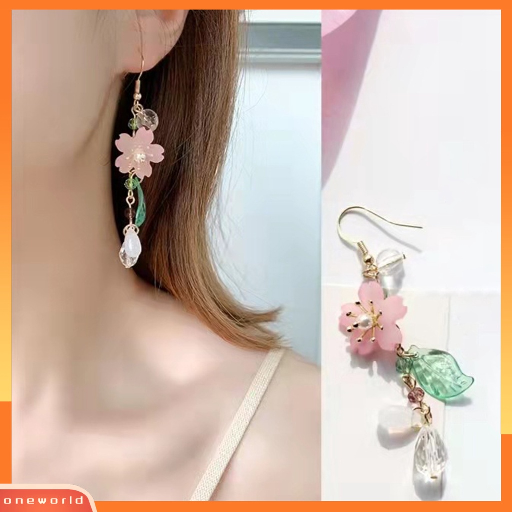 [OWR] 1pasang Ladies Earrings Unik Chic Semua Pertandingan Panjang Elegan Hias Logam Bunga Sakura Menjuntai Anting Hadiah