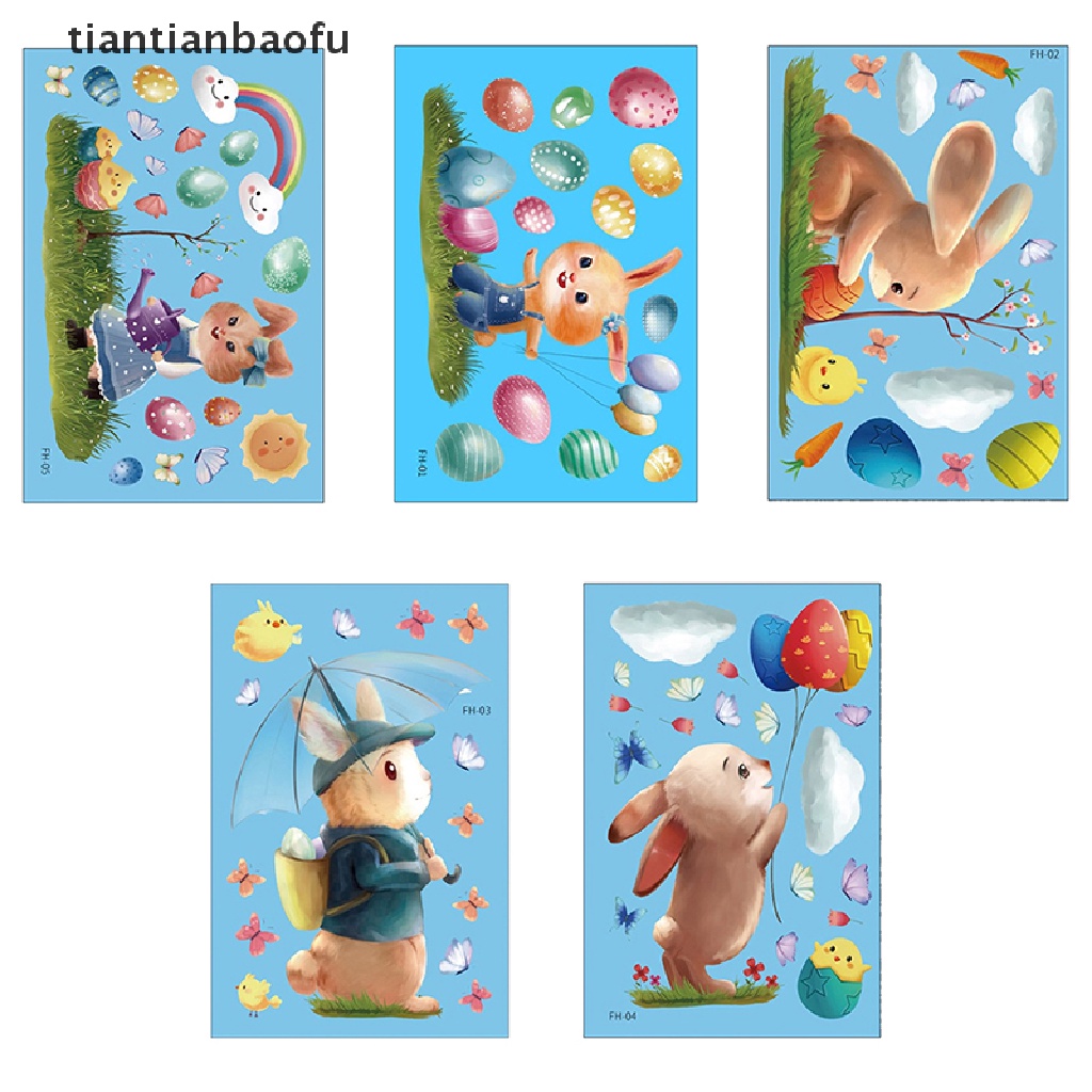 [tiantianbaofu] 1pc Happy Easter Stiker Jendela Kaca Warna Warni Bunny Eggs Wall Decal 20x30cm Butik