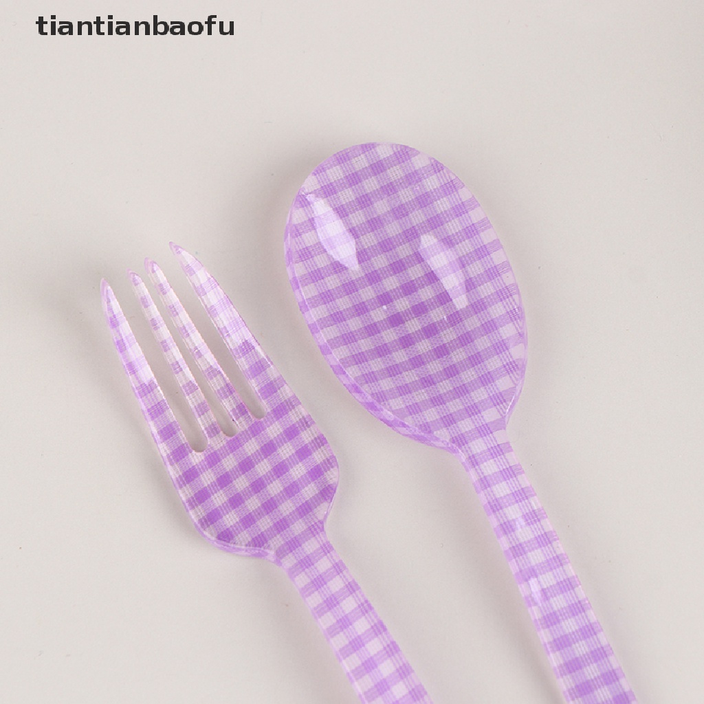 [tiantianbaofu] 2pcs/set Gaya Perancis Retro Kotak-Kotak Dessert Spoon Fork Sendok Pencampuran Plastik Butik