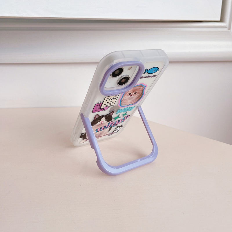 【2 Holder】Purple Cute Cat Soft Case iP iPhone X XR XS Max 11 12 13 14 + Plus Pro Max FTD Casing Apple