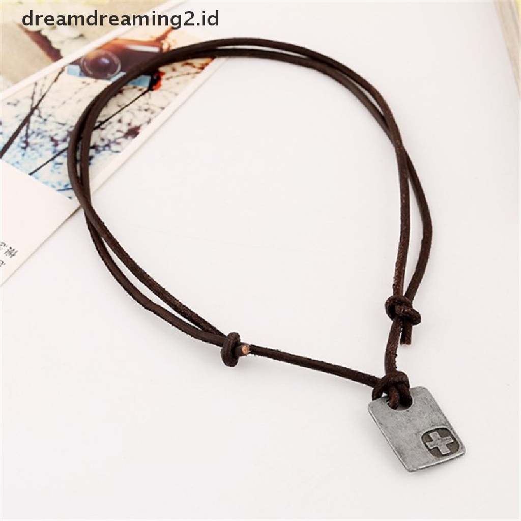 (hot) Fashion Pria Vintage Kulit Imitasi Liontin Adjustable Rantai Kalung Perhiasan Hadiah//