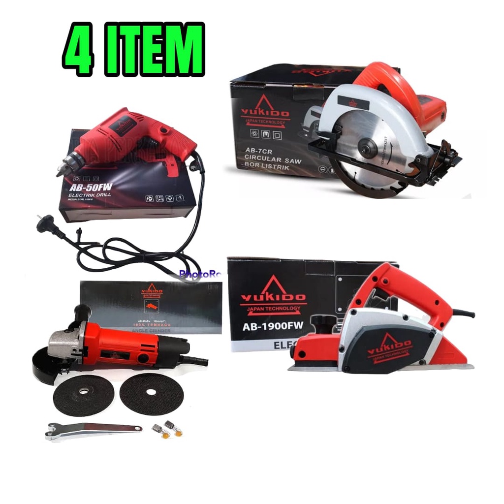 PAKET TUKANG KAYU LENGKAP , CIRCULAR SAW ,BOR 10MM , GERINDA ,PROFIL TRIMMER YUKIDO SATU SET MURAH BY YUKIDO TEKNOLOGI JAPAN