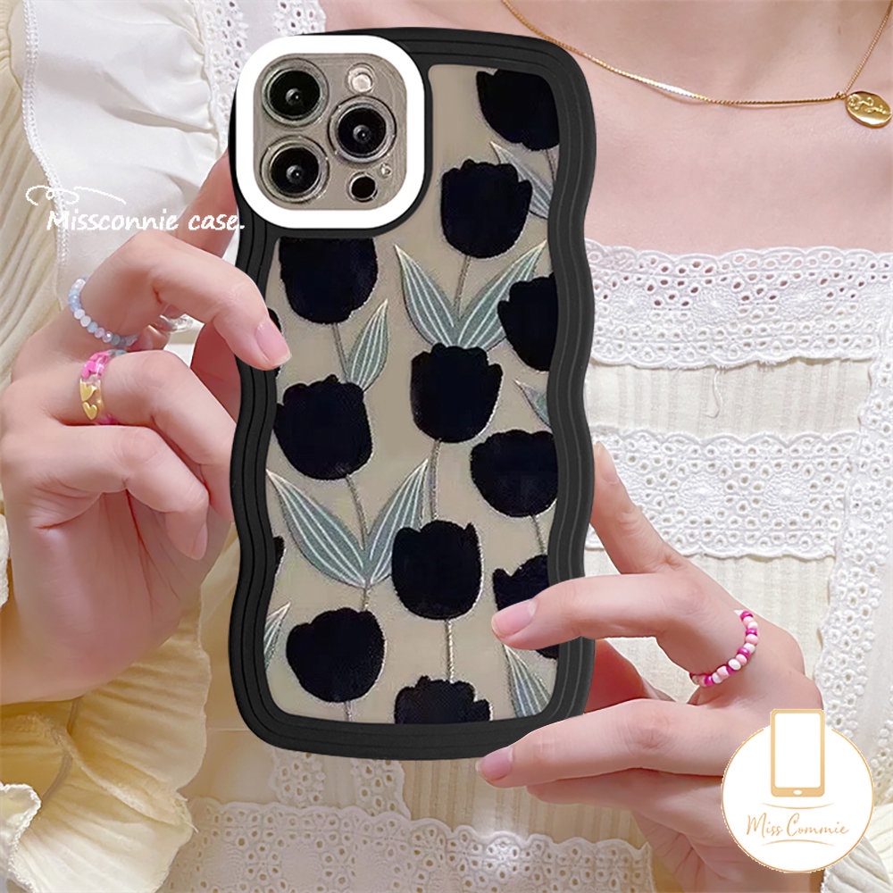 Casing Bunga Tulip Retro Infinix Note12 12Pro 12 G96 8 10Pro Hot 11 10 9 12 Main 11s 20s 10T 20 8 10Lite 12i Smart5 4 6 Plus Hot 10s 11s Hitam Wavy Edge Soft Cover