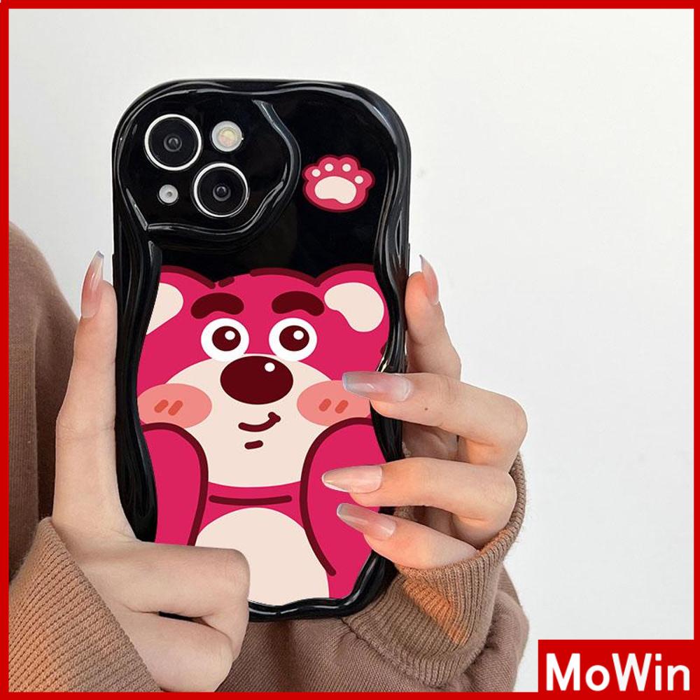 For iPhone 14 Pro Max iPhone Case 3D Curved Edge Wave Glossy Black TPU Airbag Shockproof Camera Cover Strawberry And Bear Compatible with iPhone 13 Pro max 12 Pro Max 11 xr xs max