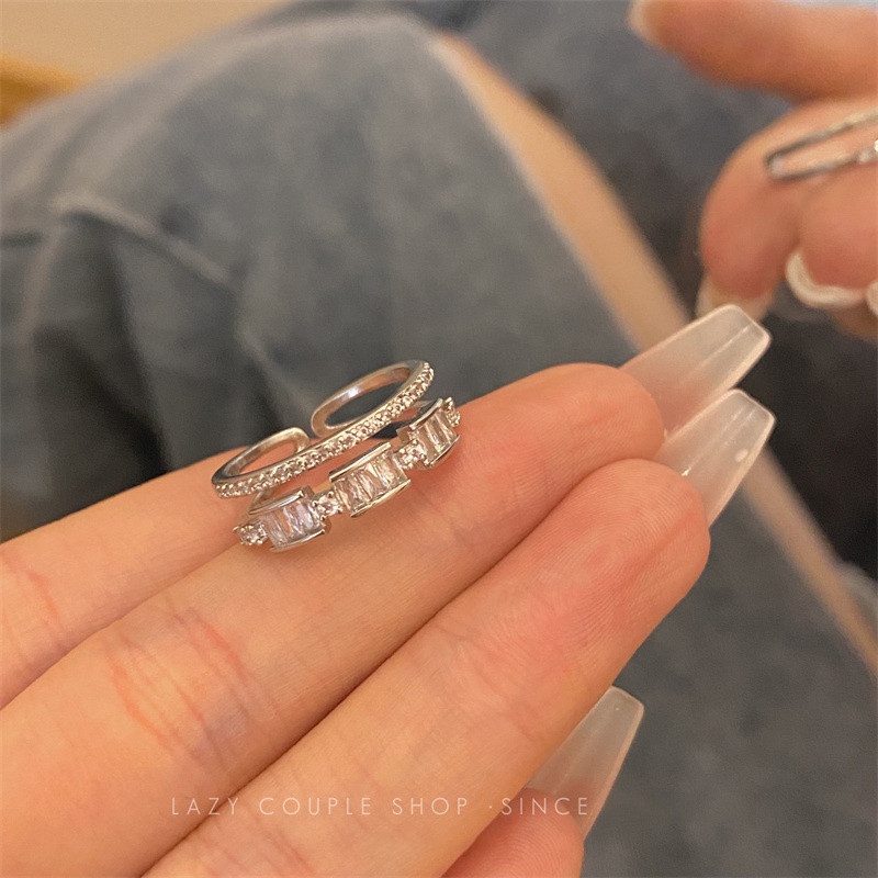 Cincin Kristal Persegi Mewah Double Layer Opening Adjustable Rings Untuk Aksesoris Perhiasan Wanita