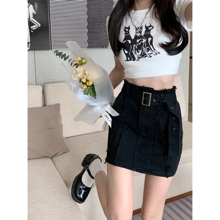 Red American retro denim rok perempuan musim panas hot gadis warna kopi pinggang tinggi A-line rok khaki tas pinggul rok rok