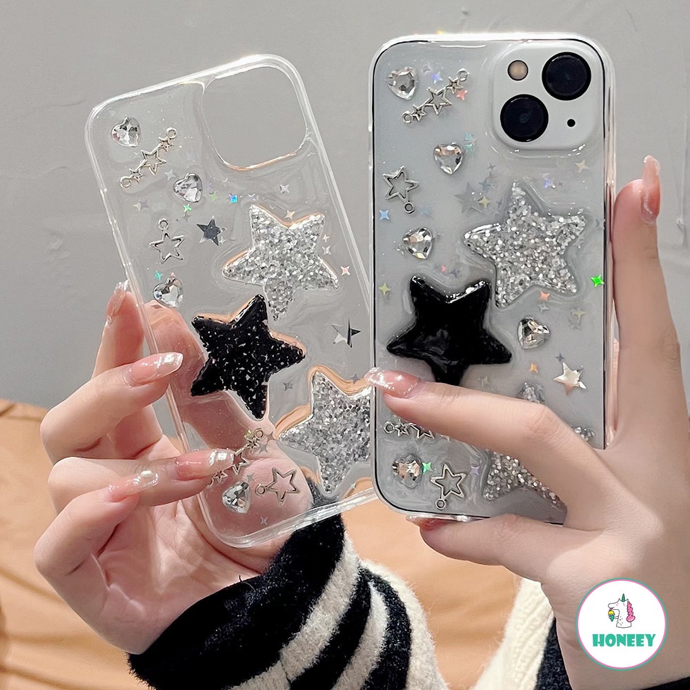 IPHONE Casing Ponsel Bintang Payet 3D Untuk Iphone14 13 12 11 Pro Max X XR XS Max7 8 plus Transparan Lembut Shockproof Back Cover