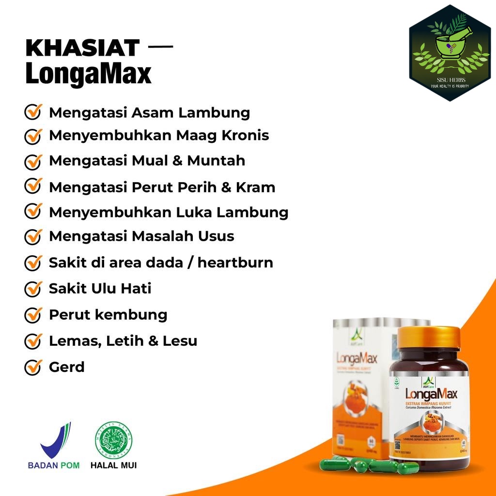 Kapsul LongaMax Obat Herbal Ekstrak Rimpang Kunyit Membantu Mengatasi Maag Asam Lambung Gerd Magh Kronis Mual Asli Original 100%