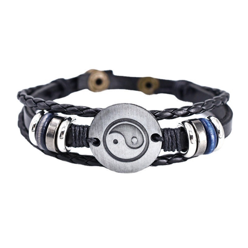 [X C Gelang] Baru Tai Chi Bagua Gelang Kulit Hitam Vintage Hip Hop Punk Gelang Kulit Lengan Manik-Manik Multilayer Zinc Alloy Anyaman Gelang