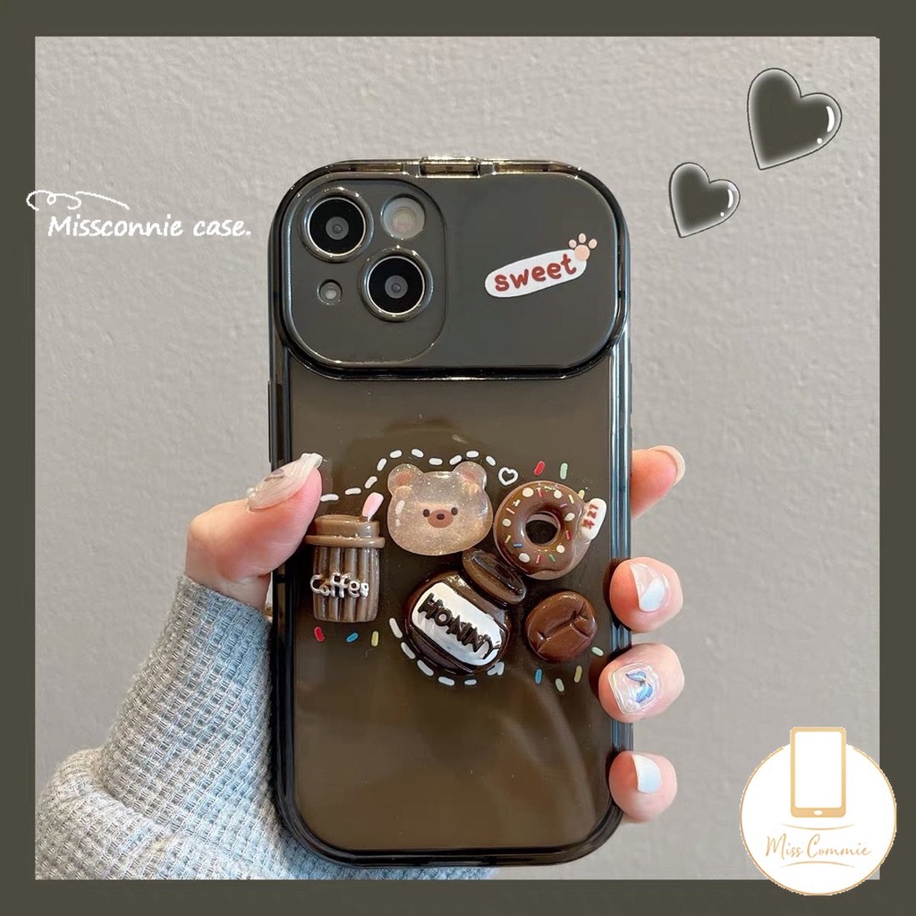 Casing Cermin Make Up Flip Kreatif Untuk Oppo A57 A12 A7 A3s A5s A53 A9 A5 A15 A15s A77S A11K A31 A33 2020 A77 A35 3D Kartun Lucu Mainan Beruang Kopi Donat Shockproof Soft Phone Cover