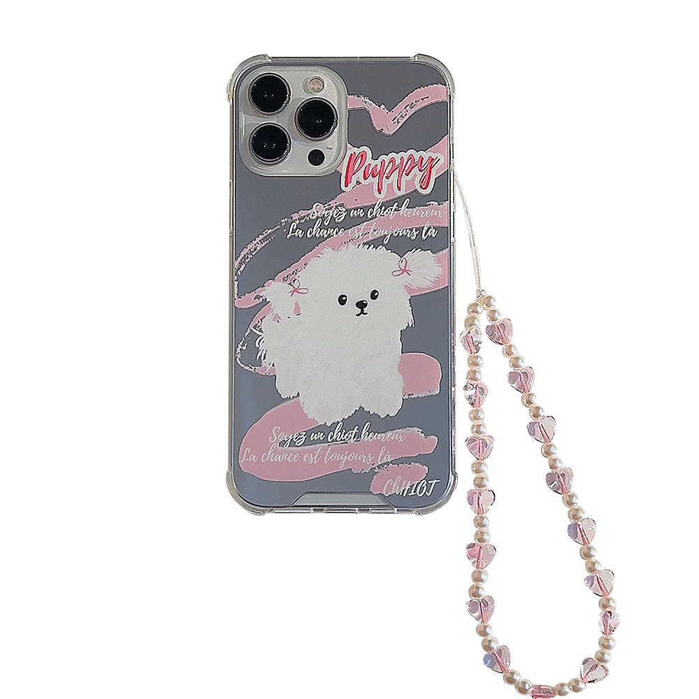 Ins Lucu Kepang Anjing Kartun Make Up Cermin Silikon Case Dengan Rantai Untuk Iphone SE 2020 7 /8 Plus 14x XR XM 11 12 MINI 13 PRO MAX Casing Cover Pelindung AT0164