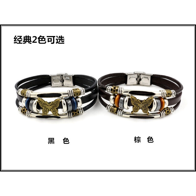 [X C Gelang] Baru Kupu-Kupu Gelang Stainless Steel Hitam Kulit Vintage Hip Hop Punk Gelang Kulit Lengan Manik-Manik Multi Layer Zinc Alloy Anyaman Gelang