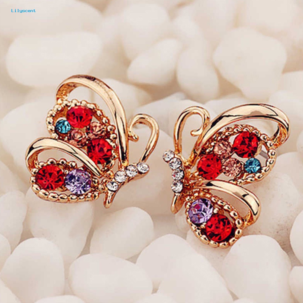 Lilyscent Fashion Wanita Berlian Imitasi Bentuk Kupu-Kupu Stud Earrings Selebrietis Eardrop Perhiasan