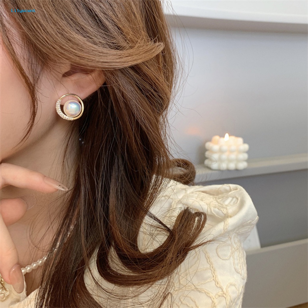 Lilyscent 1pasang Anting Stud Cubic Zirconia Untuk Pacaran Temperamen Mutiara Imitasi Berlian Imitasi Ear Studs Bulat