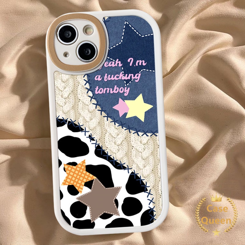 IPHONE Patch Leopard Print Soft Tpu Couple Denim Phone Case Kompatibel Untuk Iphone11 14 13 12 Pro Max 6 7 6s 8 Plus XR XS X Max SE 2020 Kartun Lucu Koboi Bintang Penutup Belakang