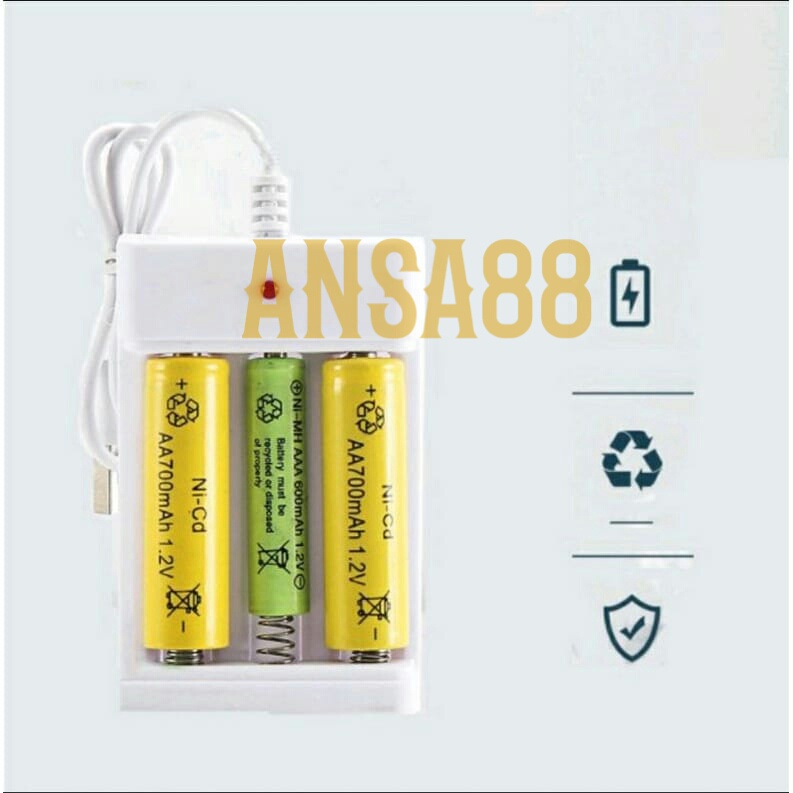 alat cas baterai 3 slot kabel USB charger baterai AA AAA A2 A3