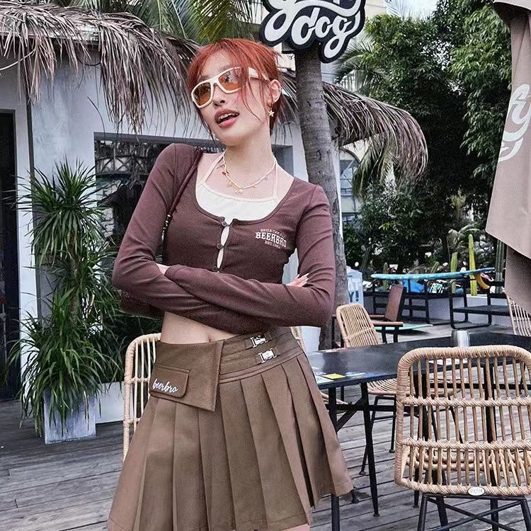 Red BeerBro Amerika Palsu Dua Potong Lengan Panjang T-shirt Wanita Musim Semi dan Musim Gugur Pendek Street Hot Girl Atasan Ketat dengan bottoming Kemeja