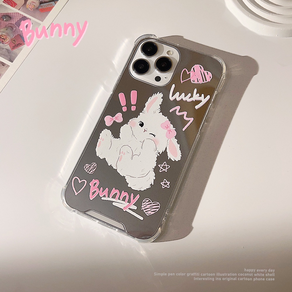 Ins Lucu Kelinci Putih Kartun Make Up Cermin Transparan Case Untuk Iphone SE 2020 7 /8 Plus 14x XR XM 11 12 MINI 13 PRO MAX Casing Cover Pelindung AT0188