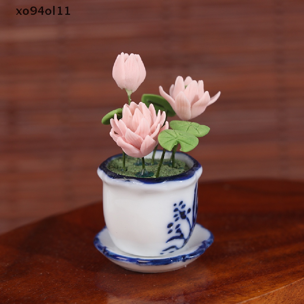 Xo 1: 12rumah Boneka Miniatur Lotus Pot Bunga Keramik Dekorasi Rumah Boneka OL