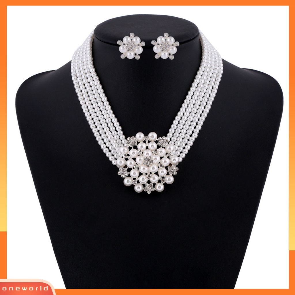 [ONE] 1set Kalung Anting Set High Gloss Mengkilap Terang Kilau Diikat Manik-Manik Mutiara Imitasi Bunga Pernikahan Pengantin Kalung Anting Perhiasan Hadiah