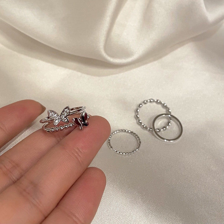 Produk Baru [set 4-piece] INS Super Immortal Butterfly ring Wanita Desain Serbaguna Dan niche Dengan Cincin Jari Telunjuk Pembukaan Yang Dapat Disesuaikan