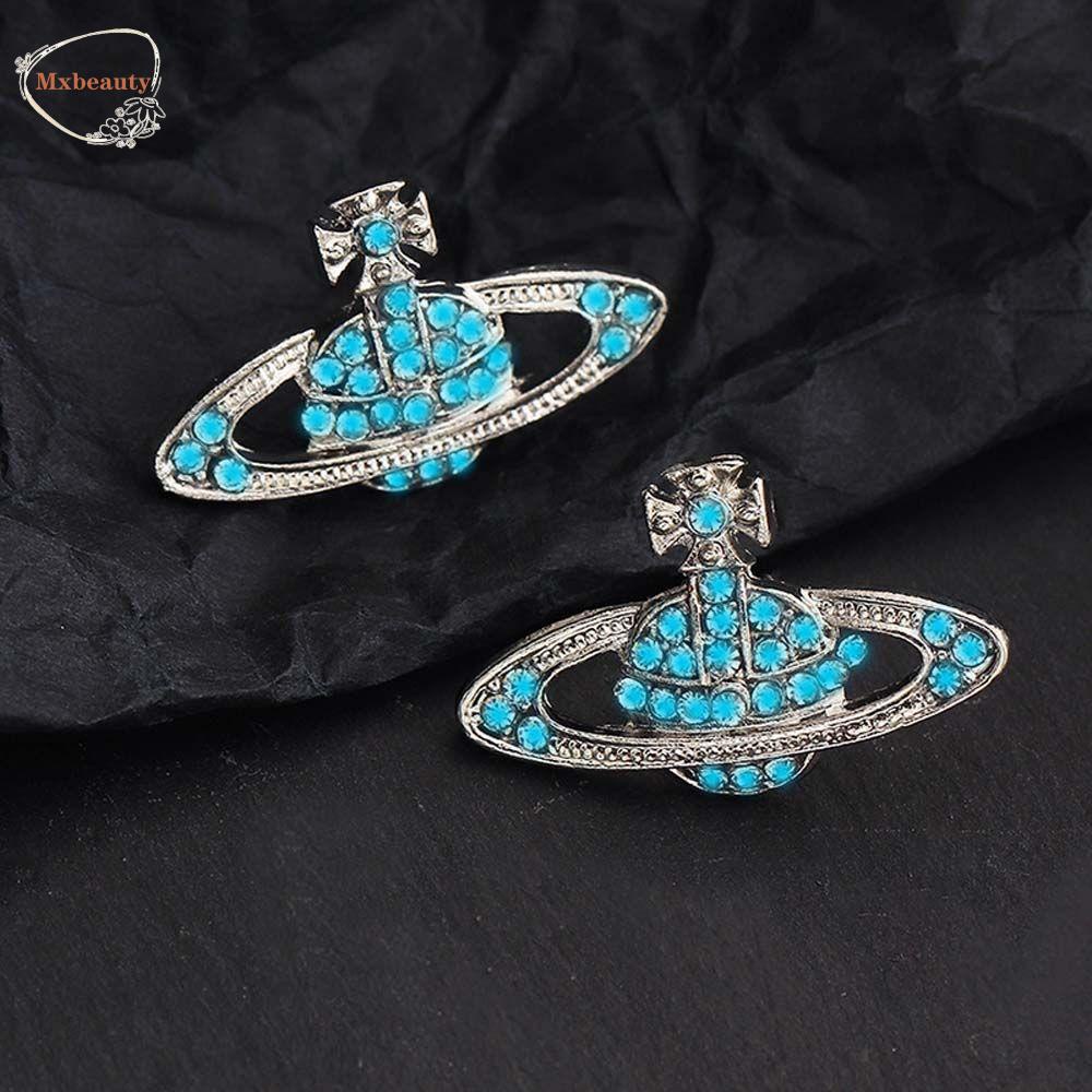 Mxbeauty Anting Planet Warna Emas Elegan Geometris Planet Pendant Ear Studs Saturnus Perhiasan Fashion Berlian Imitasi Wanita Earrings