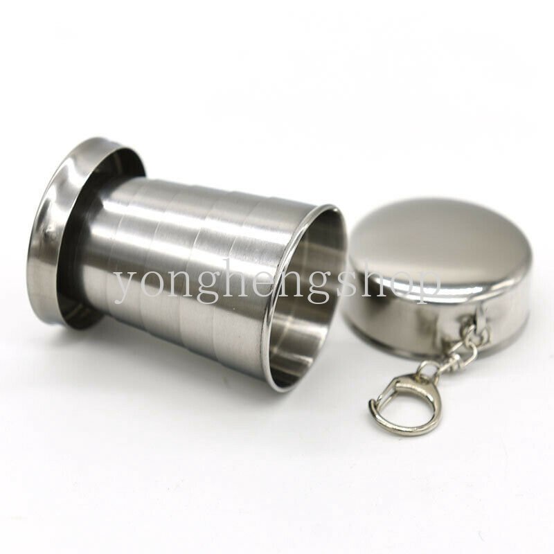 75ml Stainless Steel Cangkir Lipat Perjalanan Luar Ruangan Camping Portable Collapsible Water Cups with Keychain Lid Hiking Olahraga Mug Cangkir Teh