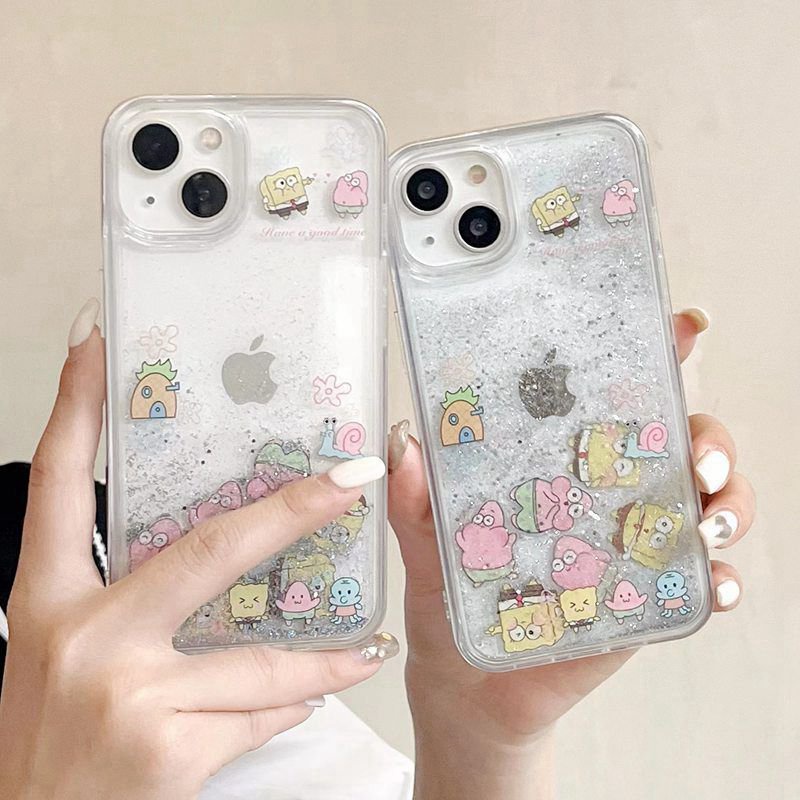 Cute Quicksand Spongebob &amp; Patrick Star Girl Woman Soft TPU Case HP iP iPhone 12 13 14 Pro Max 11 FTD Casing Apple