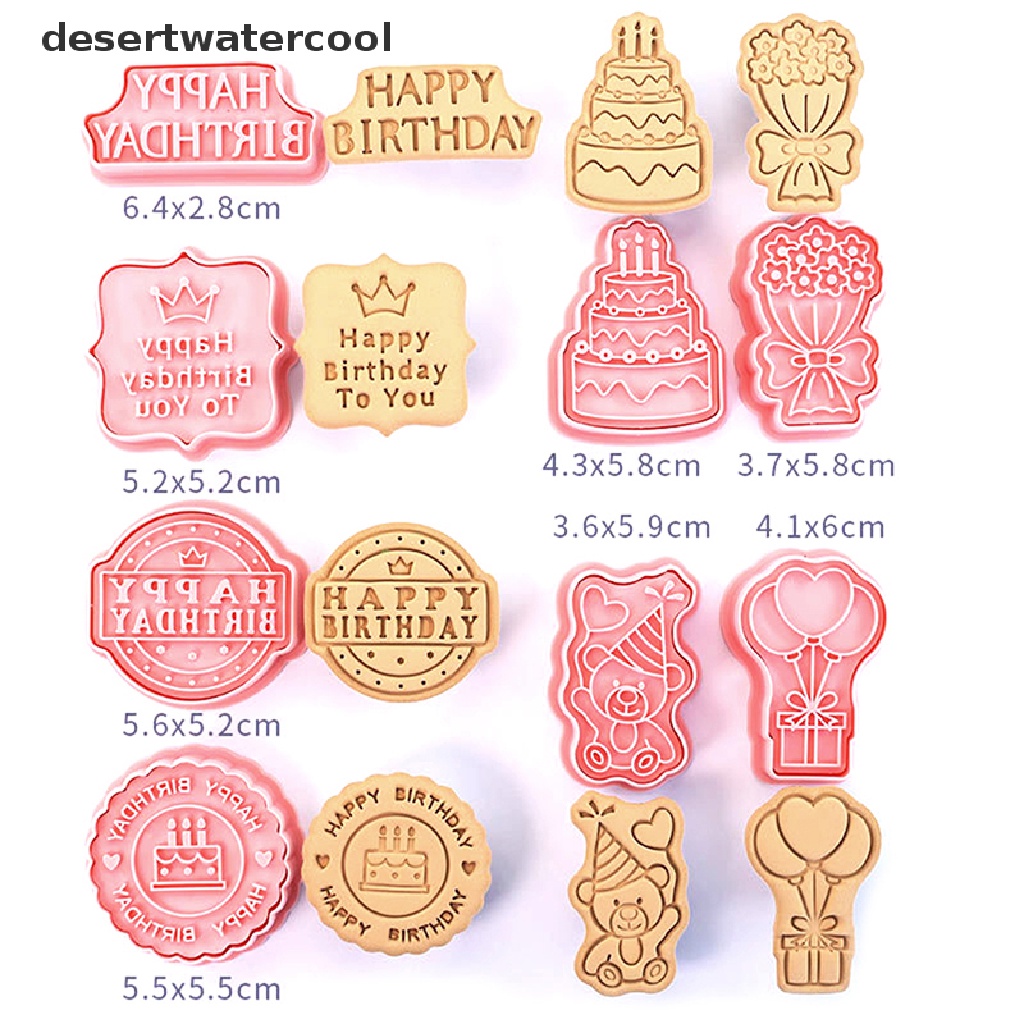 Deid 8Pcs/Set Ulang Tahun Tema Cookie Pemotong Plastik 3D Pressable Biskuit Cetakan Cookie Cap Dapur Baking Alat Dekorasi Pesta Ulang Tahun Anak Martijn