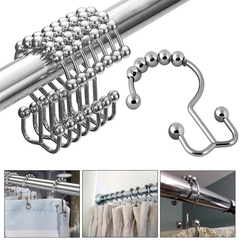 1/12pcs Stainless Steel Perlengkapan Kamar Mandi Rumah Tangga Multifungsi Kait Dua Sisi Tahan Karat Dengan Rollerball Rolling Glide Rod Ring Heavy-duty Hook Glide Shower Curtain