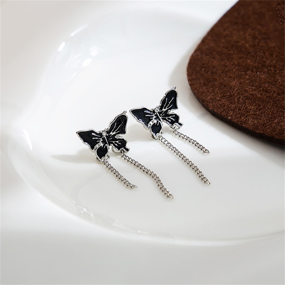 Ins Hitam Kupu-Kupu Rumbai Anting Gadis Keren Vintage Unik Studs Earring Perhiasan Aksesoris