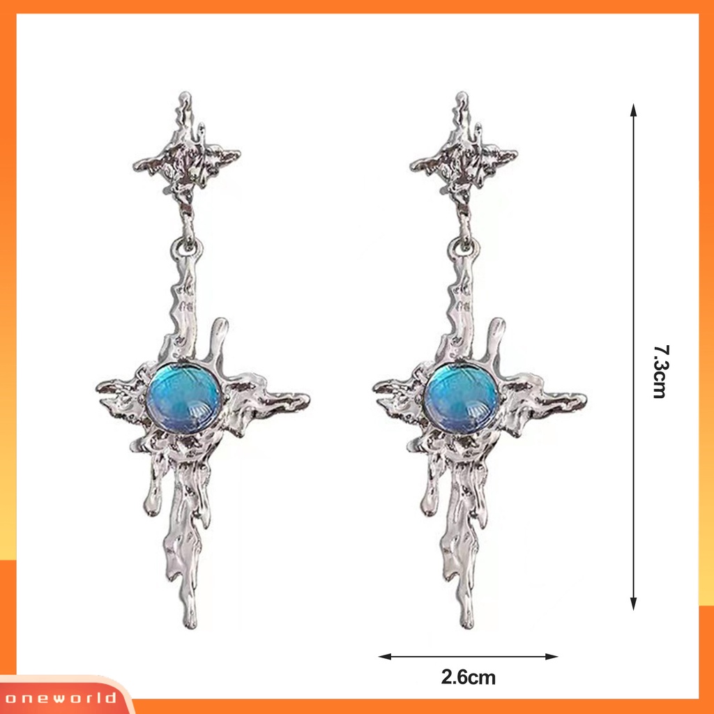 [EONE] 1pasang Drop Earrings Tidak Teratur Cair Logam Panjang Rumbai Hip Hop Kilau Terang Hias Hadiah Wanita Cross Faux Moonstone Pendant Stud Earrings Perhiasan Aksesori Fashion