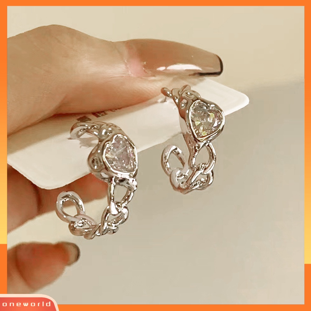 [EONE] 1pasang Arch Hollow Rantai Piercing Wanita Anting Hias Bentuk Hati Cubic Zirconia Ear Studs Pesta Perhiasan