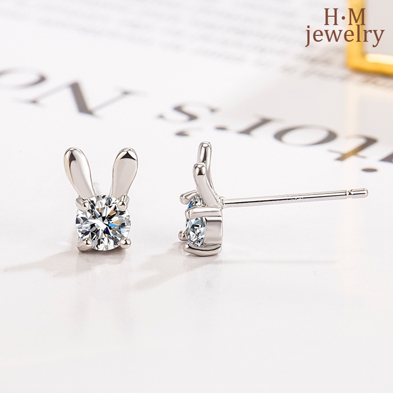 S925 Perak Sederhana Dan Kompak Lucu Kelinci Pejantan Anting-Anting Bertatahkan Berlian Imitasi AAA Zirkon Anting-Anting Tidur Tidak Perlu Dilepas