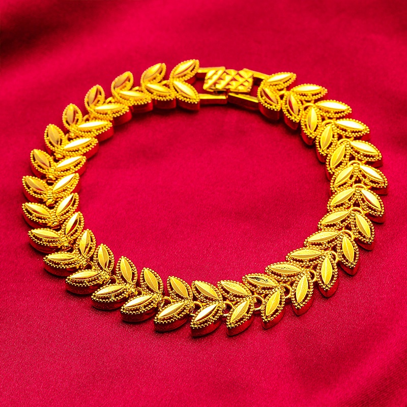 Goldkingdom Perhiasan Fashion 24K Bangkok Aksesoris Ready Stock Wanita 12mm Gelang Gandum Telinga Daun Tepi Lebar Gelang