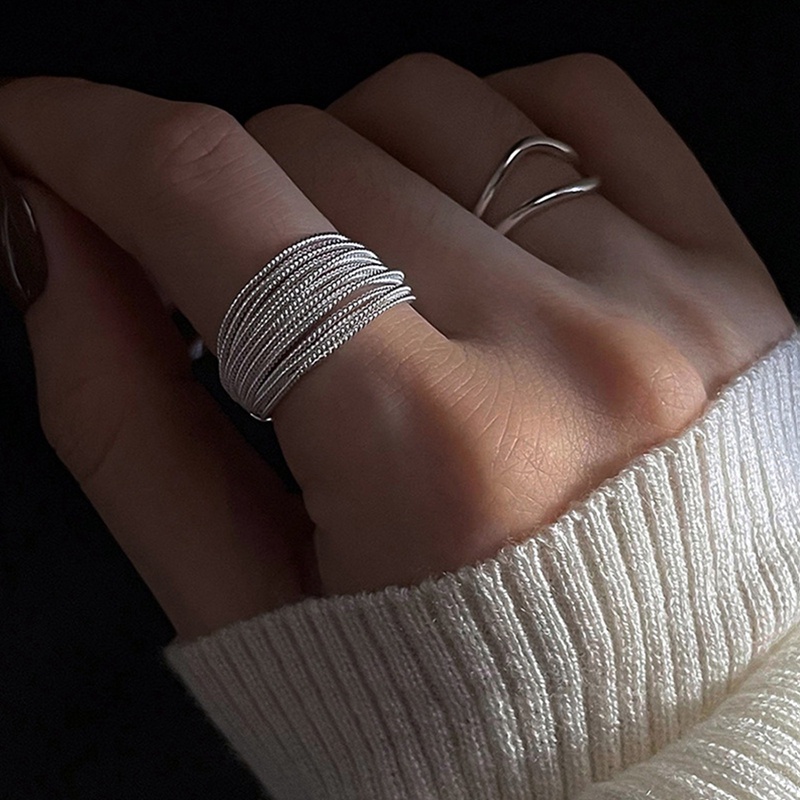 925 Sterling Silver Garis Unik Cincin Untuk Wanita Perhiasan Jari Cincin Adjustable Terbuka Vintage Untuk Pesta Hadiah Ulang Tahun