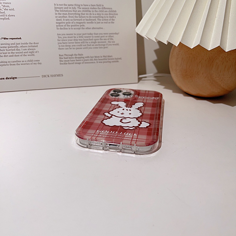IPHONE Cover Casing Ponsel Transparan Motif Kotak-Kotak Kartun Kelinci Vintage Merah Untuk Iphone11 12 13 14 PLUS PRO MAX
