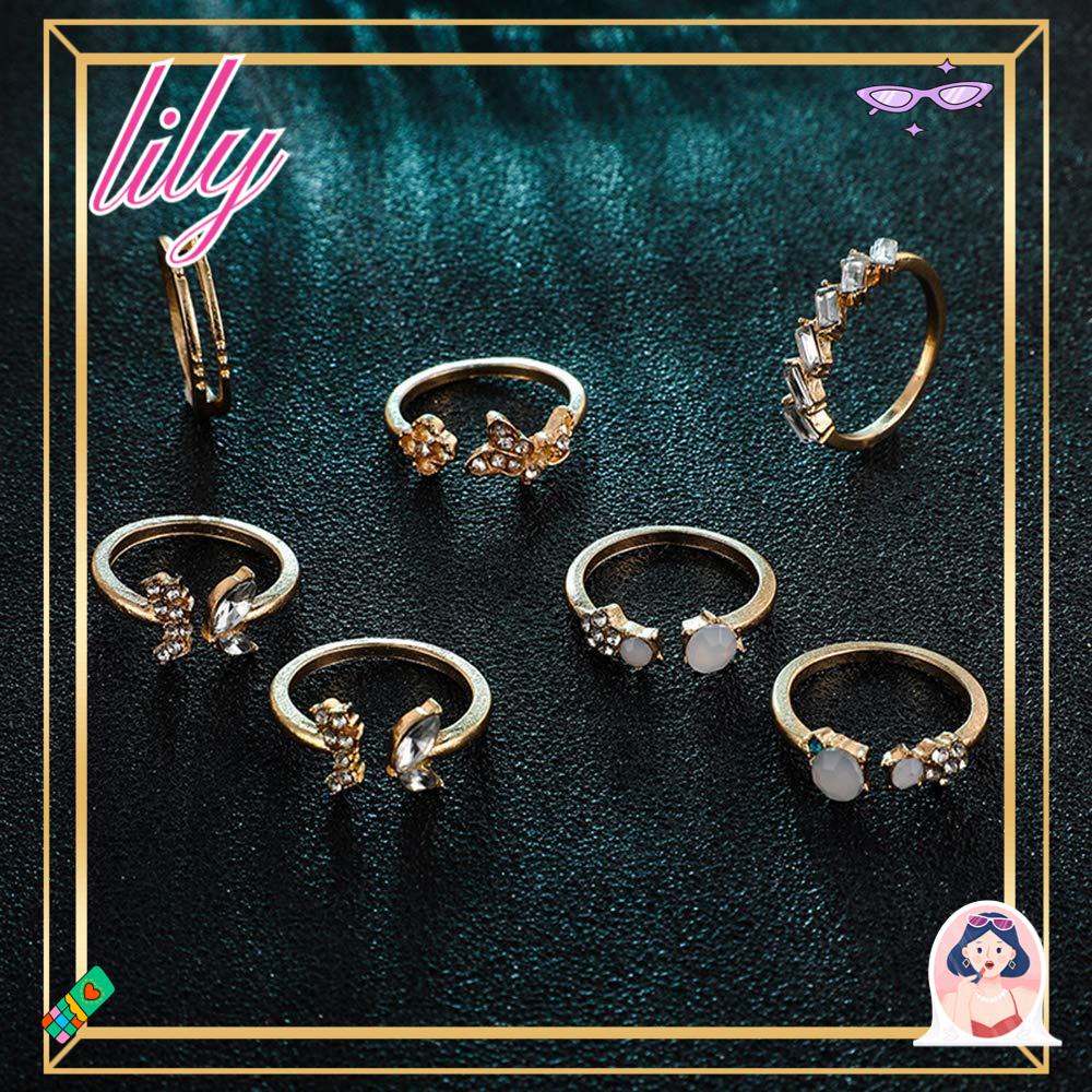 Lily 7pcs Perhiasan Cincin Vintage Bunga Berlian Imitasi Open Ring