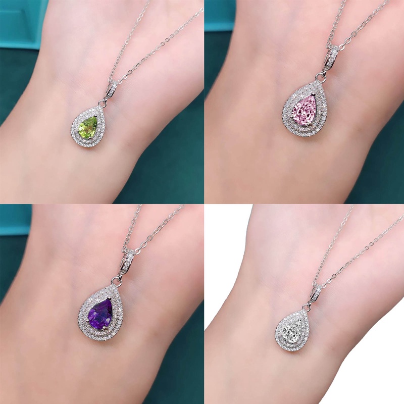 Kalung Liontin Tetes Air Untuk Wanita Pink/Putih/Hijau/Ungu Cubic Zirconia Mewah Trendi Pernikahan Baru Perhiasan