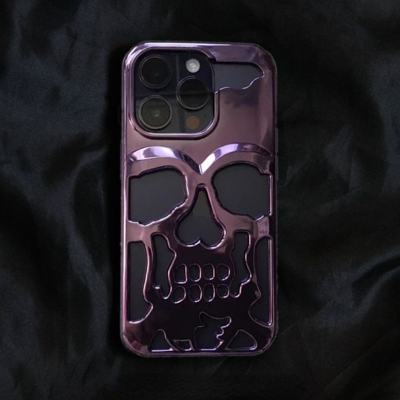 IPHONE Casing Ponsel Keren Berongga Tengkorak Logam Electroplated Cocok Untuk Iphone14 13 12 11 Pro Max 14Plus Skeleton Glossy Phone Case