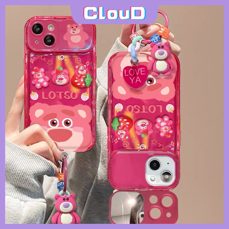 Flip Kreatif Make Up Mirror Case Untuk Vivo Y20 Y11 Y17 Y12i Y20i Y12s Y15 Y1S Y20A Y12 Y11s Y91C Y20s G Y12A Y20G Y30G Kartun Lucu 3D Boneka Strawberry Bear Manyo Lembut Tpu Cover